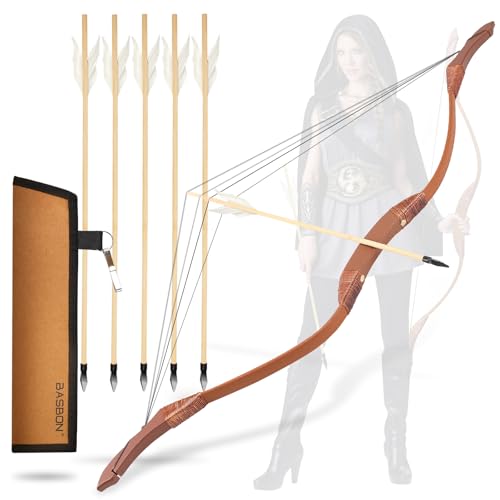 Youth Wooden Bow and Arrow Set, 40 Inch Archery Set Microfiber Leather-Wrapped, Handmade Toys Bow and Arrow Cosplay Costume Prop Games, 5 Feather Arrows (Rubber Tip), Gifts for Kids Boys Girls
