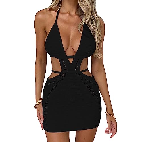 Leyajedol Women Crochet Knit Mini Dress Hollow Out V Neck Halter Dress Open Back Coverup Dress Y2K Summer Beach Wear