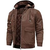UNTMENU Men's Faux Leather Jacket Waterproof Windproof PU Zip-Up Fall Winter Vintage Motorcycle Bomber Biker Jacket With Removable Hood, Brown XXXL