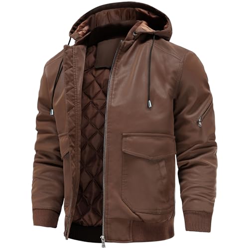 Leather Jackets for Men,Stand Collar Zip Up Motorcycle Biker Bomber Jacket With Removable Hood