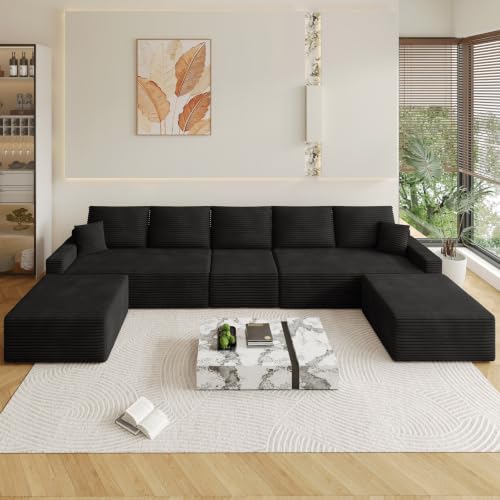 Image of Oversized Modular Sectional Sofa Couch, Large 7 Seater Corner Sofa Modern U Shaped Sectional Couch with Ottoman Cloud Couches for Living Room, Office, Spacious Space, Corduroy, No Assembly, Black