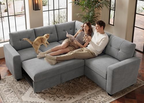 Image of HONBAY 5-Seater U-Shaped Sectional Sleeper Sofa with Pull-Out Bed, Pet-Resistant Fabric Sectional Couch for Living Room, Grey