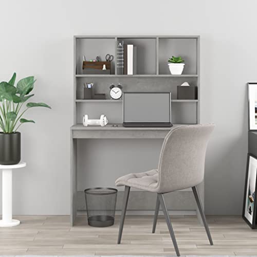Bureau avec étagère compact en bois gris béton pour télétravail studieux