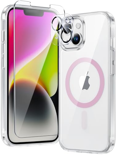 Image of FNTCASE for iPhone 13 Phone Case: Clear Magnetic Case Military Grade Drop Protection Anti Yellowing Cell Phone Cover- Rugged Shockproof Protective Bumper (C-A Pink)