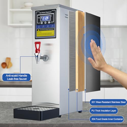 Image of Hot Water Dispenser Commercial Water Boiler Countertop Hot Water Machine Stainless Steel Step-heating Temperature Control 86-212F for Boba Tea Coffee Office Restaurant 1600W, 30L(8GAL) /Hour, Silver