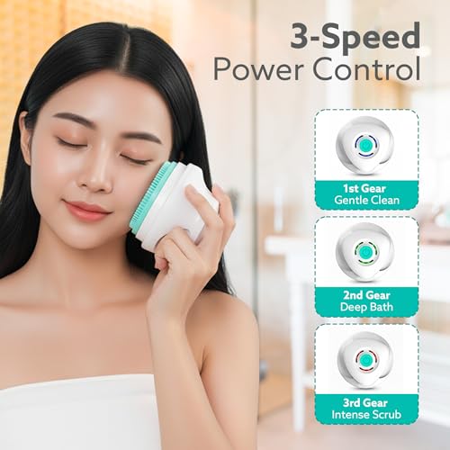 Image of AGARO Electric Bath Brush - USB Rechargeable, IPX6 Waterproof | 5 Brush Heads, 3 Cleaning Modes, 360 Rotatable Electric Shower Brush with 14.5 inch Long Handle