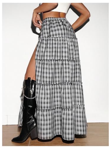 Verdusa Women's Ruffle Gingham Plaid Long Skirt Flowy Casual Split Thigh Elastic Waist Maxi Skirts2