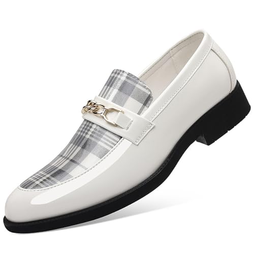 Men's Plaid Patent Leather Classic Gold Buckle Penny Loafers Fashion Comfortable Breathe Pointed Toe Slip On Formal Shoes for Casual Business Walking Dress Shoes
