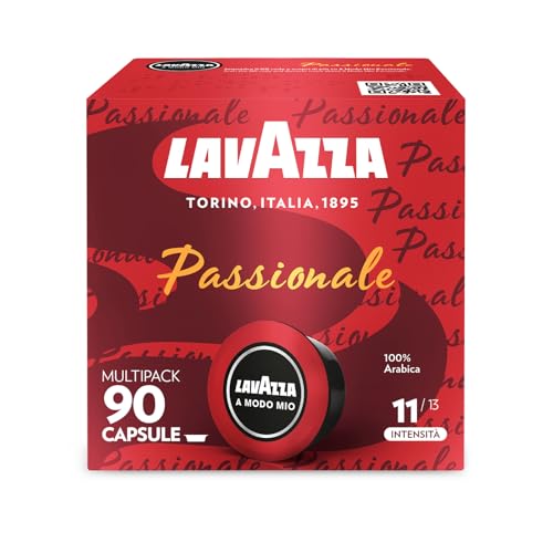 Lavazza, A Modo Mio Passionale, 90 Capsule Caffè, per un Espresso con Note di Caramello e Cioccolato, 100% Arabica, Intensità 11/13, Tostatura Scura