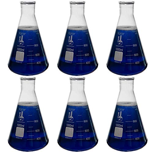 1000Ml Narrow Mouth Erlenmeyer Flask, 3.3 Borosilicate Glass, Karter Scientific 213G14 (Pack Of 6) #TOP1
