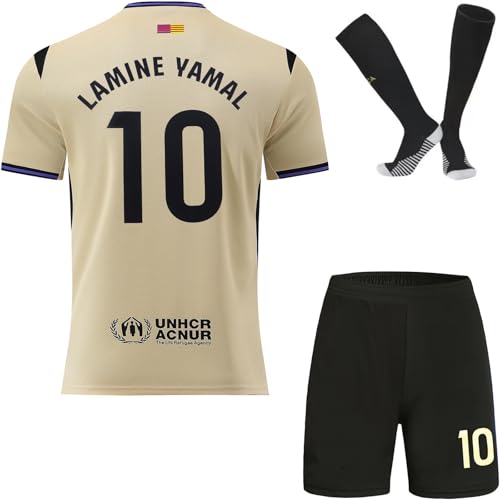 DMDMK Barca #10 Yamal 2025/2026 Auswärts Trikot Shorts und Socken Kinder und Jugend Größe (Cremefarbe, 30 (12-13 J))
