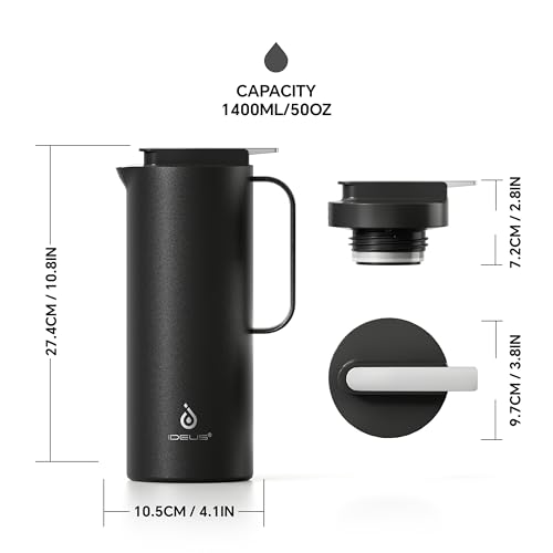 Image of IDEUS Thermal Coffee Carafe 50oz (1,400ml), Stainless Steel Double Wall Insulated Vacuum Flask, Water Jug Coffee Server and Beverage Dispenser, Heat and Cold Retention, Black
