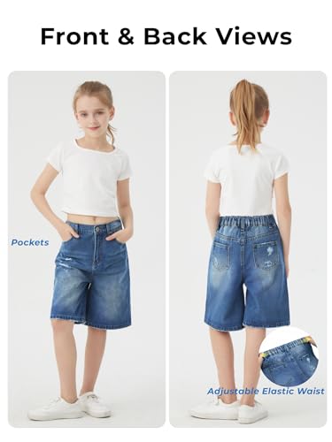 Image of Girls Shorts Elastic Waist Jorts Denim Jean Shorts Ripped Knee Length Bermuda Shorts for Kids Teen Girls Summer