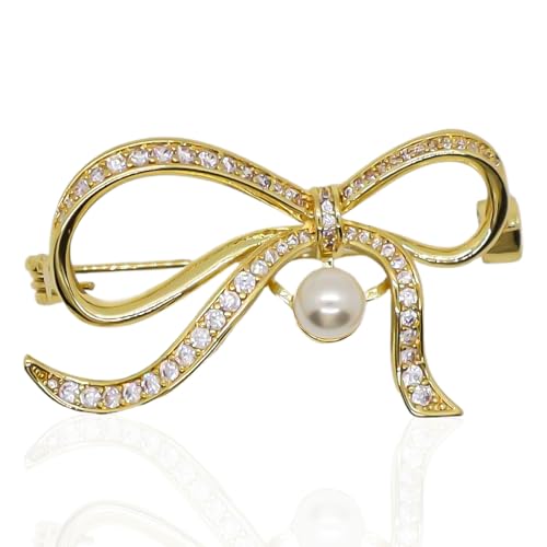 Image of Bow Brooches for Women Rhinestone Crystal Pearl Brooch Gold Bow Knot Badges for Clothing Bag Hat Pants WEdding Christmas Gift(Stlye B)