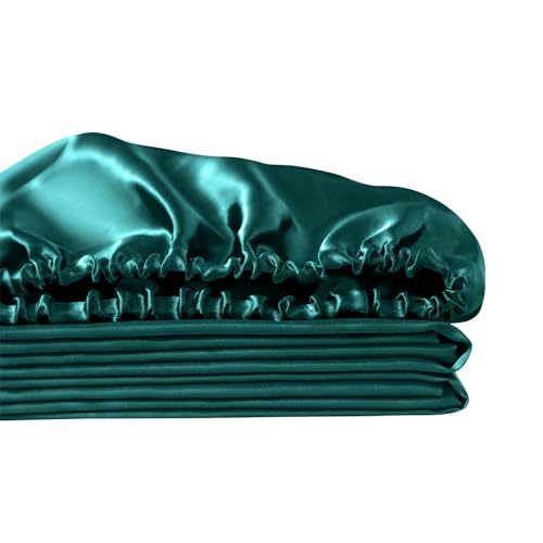 Image of Ersmak Silk Satin Fitted Sheet, Soft Deep Pocket Bottom Luxury Queen Fitted Sheet, Wrinkle Free, Breathable, Fade Resistant - Teal