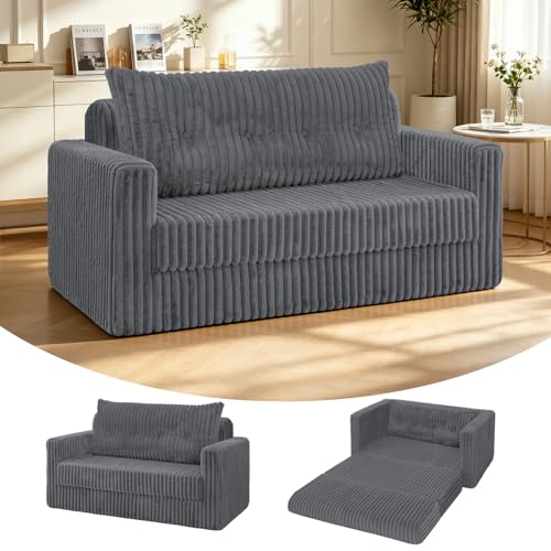 Image of HABUTWAY 49.8 inch Loveseat Boneless Couch, 4-in-1 Convertible Sofa Bed, Plush Fur Folding Futon Sofa Bed Couches with a Pillow for Living Room, High-Density Foam Support, No Assembly Required, Grey