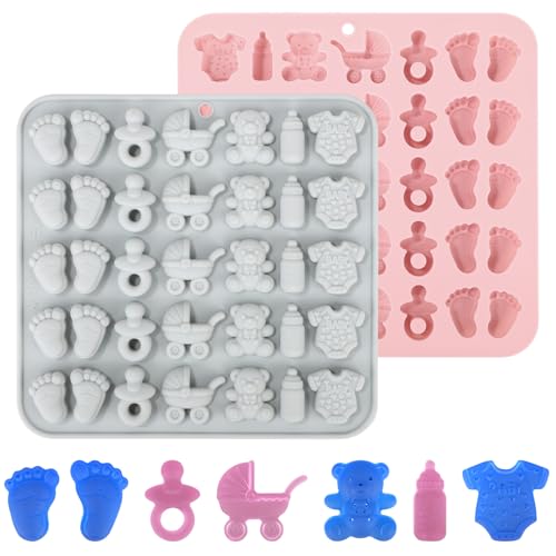 2uds Moldes de Chocolate para Baby Shower, Mono Silicona con Forma de Biberón Pies Bebé Chupete Cochecito y Osito para Pastel Cupcakes y Decoraciones Gomitas (Gris, Rosa)