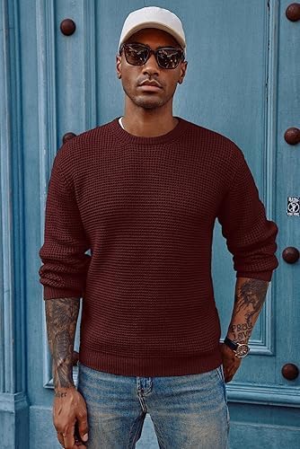 Image of ColorChakra Waffle Knit Mens Sweater Woolen Round Neck Wool Pullover
