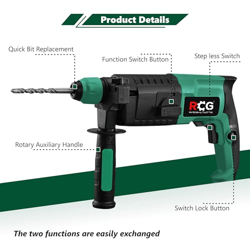 Image of RCG Heavy Duty Rotary Hammer Drill Machine 1800W | 20mm SDS Plus Chuck | 900 RPM | 3 Mode Rotary Hammer & Chisel Functions | Concrete, Brick, Stone & Masonry Drill with Auxiliary Handle(RCG-RH-2.20)