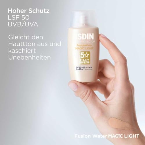 Image of ISDIN Fotoprotector Fusion Water Magic Color SPF 50 PA++++ - Ultralight Tinted Facial Sunscreen - Water-Based, Fast-Absorbing, Oil-Control Formula with Hyaluronic Acid & Vitamin E - 50ml