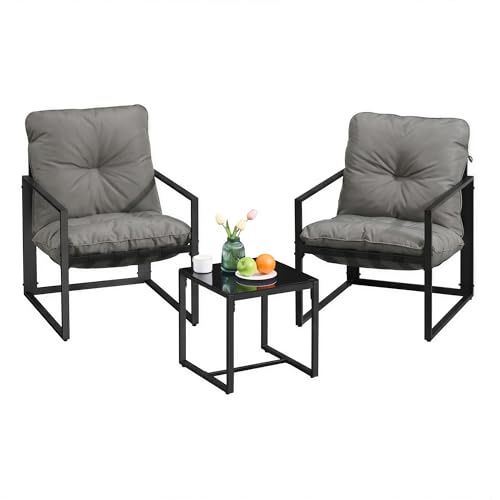 SONGMICS Salotto da Giardino 3 Pezzi, Set Mobili da Esterno, 2 Poltrone, 1 Tavolo, Acciaio, Cuscini Imbottiti, per Terrazza, Balcone, Grigio GGF039GZ01