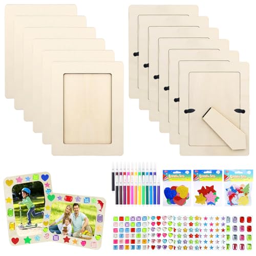 MCTNCT 12 Stück Bilderrahmen Holz Set, 19x14 cm Kinder Holzbilderrahmen Set mit 5 Glitzersteine Sticker 3 Packungen 3D Aufkleber 12 Aquarellpinsel DIY Bilderrahmen zum Bemale für Geburtstage