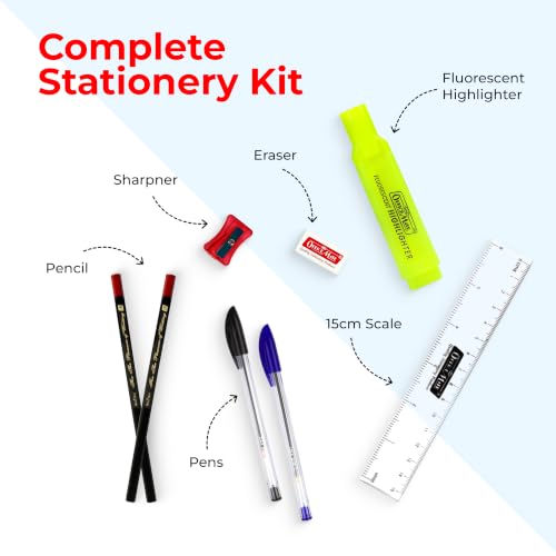 Image of Soni OfficeMate Deskmate Kit | Includes 2 Gel Pens, 2 Pencils, 1 Highlighter, 1 Eraser, 1 Sharpener, 1 Scale (6-Inch) | Assorted Stationery Items | Essential Stationery Kit | Combination Set of 8
