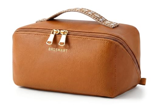 Image of BAGSMART Travel Makeup Bag, Flat Lay Make Up Case, PU Leather Waterpoof Cosmetic Organiser with Clear Pocket for Brushes, Small Toiletry Bag with Handle, Essential for Women, Reddish Brown