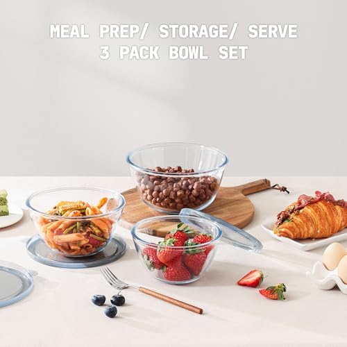 3pc Glass Mixing Bowls with Lids Set (1.64QT, 1.16QT, 0.85QT), Thick Salad Bowl, Nesting Glass Mixing Bowl for Cooking, Baking, Prepping-Dishwasher Microwave Freezer Safe - Thumbnail 3