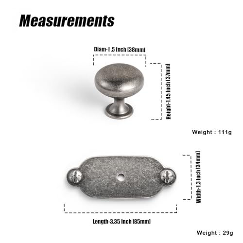 Image of Goo-Ki Antique Sliver Zinc Alloy Cabinet Large Knob with Backplate - Single Hole Center Cabinet Pull Hardware for Bedroom, Kitchen, 2 Pack(8611-G013)