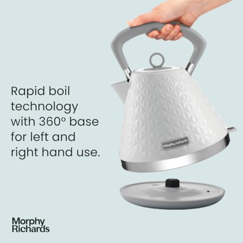 Morphy Richards Vector Pyramid Kettle, 1.5L, 3kW Rapid Boil, Anti Limescale Filter, Boil Dry Protection, Water Window, Pull Ring Removeable Lid, 360 Cordless Base, White,108134