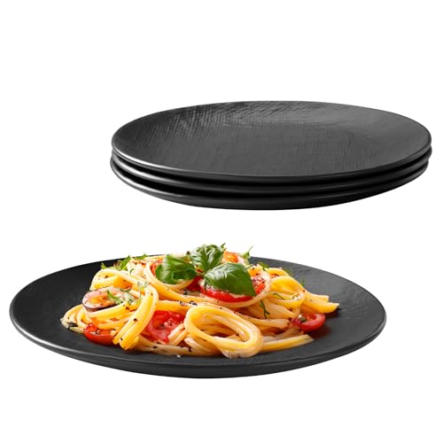 Navaris Pratos rasos pretos - 4 x conjunto de pratos de cerâmica de 27 cm - Conjunto de pratos rasos soltos x4 - Apto para micro-ondas máquina de lavar louça e forno, 4 pratos louça preto carvão