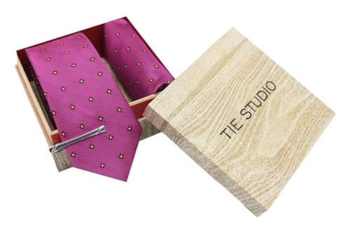 Image of TIE STUDIO Men's Necktie Pocket Square & Tie Pin Set | Standard | Jacquard Fabric | Superior Stitching | Wooden Box | Set of 1 |