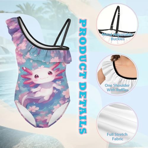 Image of WELLFLYHOM Axolotl Girls One Piece Swimsuits 3-14 Ruffle One Shoulder Bathing Suits Full Coverage Beachwear