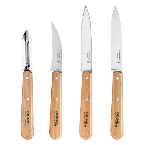 Opinel - Set di 4 Coltelli da Cucina Essenziali - N°112 Ufficio, N°113 Seghettato, N°114 Verdure, N°115 Pelapatate - Lama in Acciaio Inossidabile - Faggio Verniciato Naturale