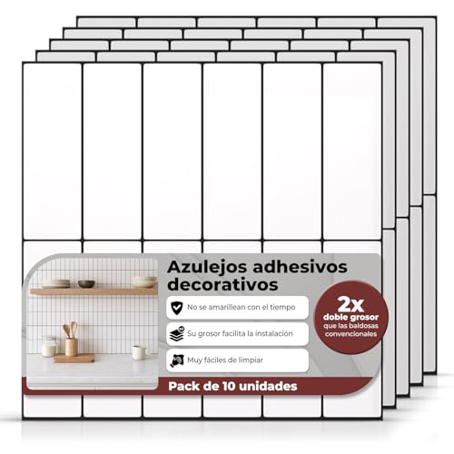 AMARA DECO - 10 Unidades Azulejos Adhesivos Cocina y Baño 30x30cm. Baldosas Adhesivas Pared con Efecto Azulejo 3D, Impermeables, Resistentes al Calor y Fáciles de Limpiar (Rect Blanco/Negro)