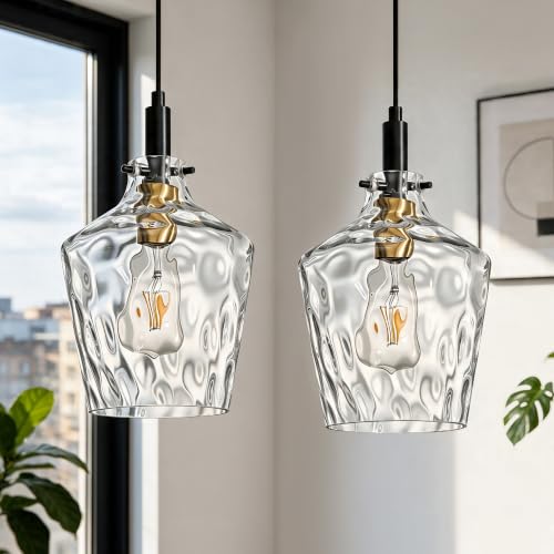 Image of Hammered Glass Pendant Light for Kitchen Island 2 Pack Black Gold 8 Inch | Adjustable cord Dimmable, E26 bulbs, Rust-resistant Damp Rated For Bathrooms, 5-Year Manufacturer Warranty, UL Certification