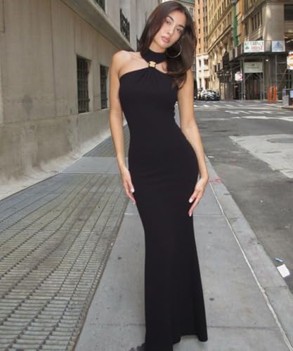Women Sexy Halter High Neck Maxi Dress Sleeveless Back Slit Elegant Party Cocktail Wedding Guest Formal Long Dresses3