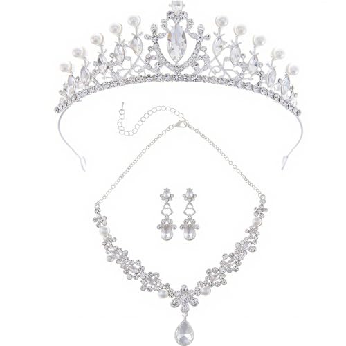 XFSRG Juego de Joyas de Mujer con Corona y Collar de Perlas y Cristales para Bodas y Eventos Especiales (Plata)