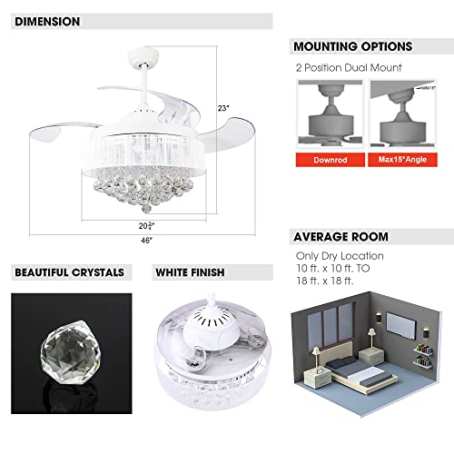 Parrot Uncle Ceiling Fans With Lights And Remote Modern Bedroom Ceiling Fan With Light And Retractable Blades Crystal Chandelier Ceiling Fans, 4000K Cool White Lights, 46 Inch, White #TOP5