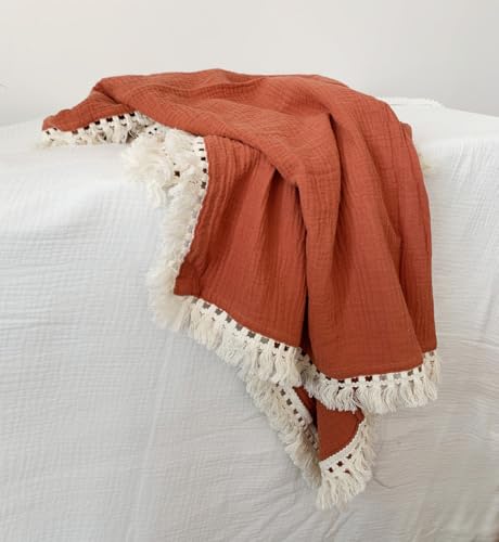 Image of Cotton Gauze Fringe Infant Swaddling Blanket - Soft and Breathable Baby Blanket with Delicate Fringe, 47x47 (Rust)