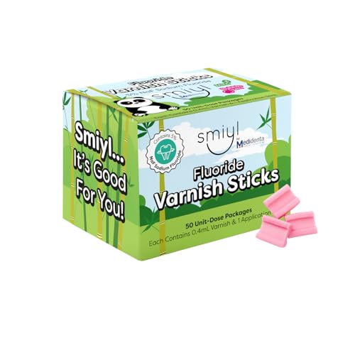 Smiyl Fluoride Varnish Sticks (50 Unit-Dose Packages - Each with 0.4mL Varnish & 1 Application Stick) - 5% Sodium Fluoride to Strengthen Enamel & Prevent Cavities - Bubble Gum Flavor