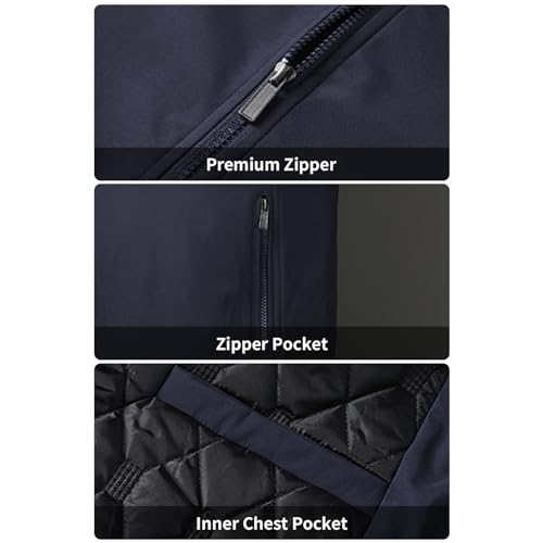 Image of PEGENO Men's Windproof Jacket,Fleece Lining For Stand Collar Winter Coat,Quilted Blue,Large