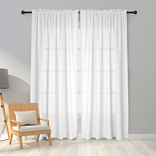 Melodieux White Semi Sheer Curtains 84 Inches Long for Living Room - Linen Look Bedroom Rod Pocket Voile Drapes, 52 by 84 Inch (2 Panels)