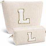 Giftota 2 Stück Personalisierte Kosmetiktasche Damen Cord Schminktasche, A–Z Make up Tasche mit Buchstaben, Kulturtasche für Reisen, Geschenk für Frauen Mädchen, Geburtstagsgeschenk für Frauen Mama L