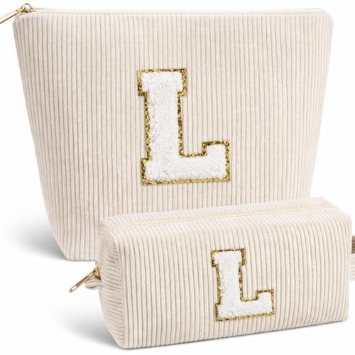 Giftota 2 Stück Personalisierte Kosmetiktasche Damen Cord Schminktasche, A–Z Make up Tasche mit Buchstaben, Kulturtasche für Reisen, Geschenk für Frauen Mädchen, Geburtstagsgeschenk für Frauen Mama L