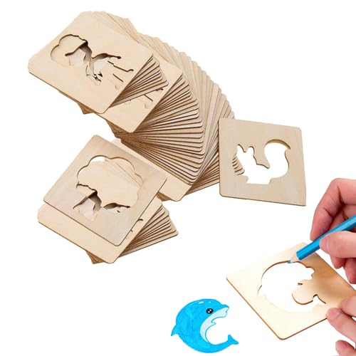 JDCMEI 60 Stück Zeichenschablonen für Kinder, Hölzern Kreideschablonen Kinder, Zeichenschablonen aus Holz, Pädagogische DIY-Malschablonen, Malvorlagen für Kleinkinder Vorschule Malwerkzeug Handwerk