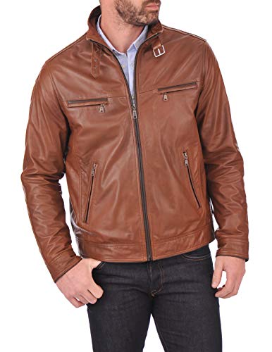 Image of 100% Leather Jacket for Men - Round Collar Slim Fit - Moto, Bomber, Biker Winter Casual Wear