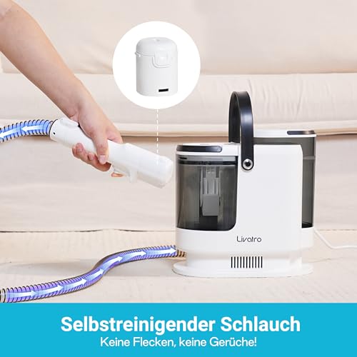 Livatro Polsterreiniger Gerät Nasssauger Waschsauger, 15 KPa Nasssauger Polsterreiniger, 1,6 L Wassertank, Kompakter Dampfreiniger Polstermöbel, Selbstreinigung, für Teppiche, Sofa, Vorhänge, Auto