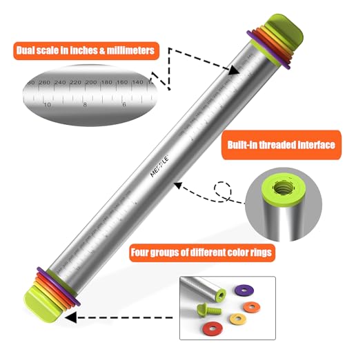 Mepple Stainless Steel Rolling Pin with Thickness Rings for Fondant, Pizza, Cookie, Pastry, Pie,Roller Rod for Dough Thickness,Rolling Pin for Baking, 13.6\" with 4 Thickness Rings and Wooden Stand - Thumbnail 6